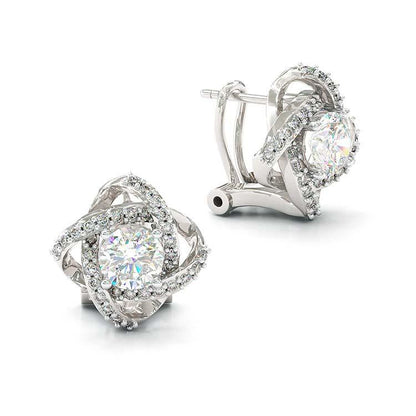 Jzora handmade white four leaf clover halo round diamond sterling silver earrings