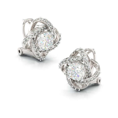 Jzora handmade white four leaf clover halo round diamond sterling silver earrings