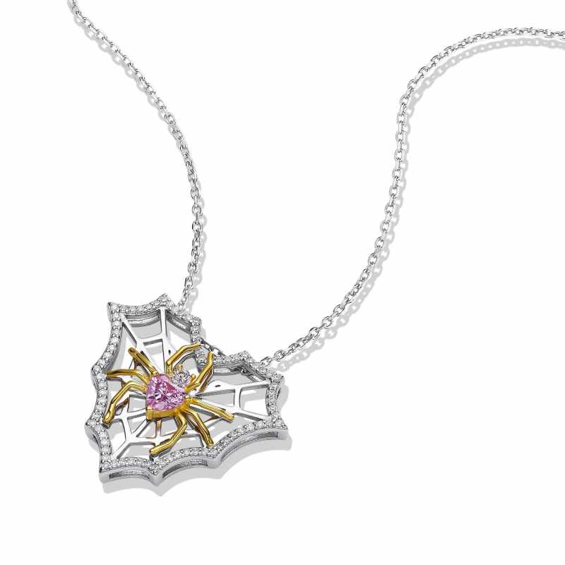 Jzora Handmade Pink Heart Cobweb Sterling Silver Diamond Necklace