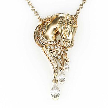 Jzora Handmade Gold Classic Horse Sterling Silver Diamond Necklace