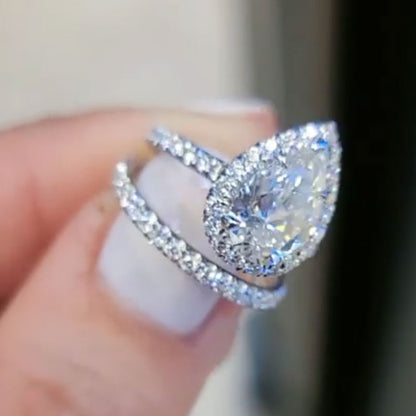Jzora handmade pear cut halo created diamond sterling silver bridal set wedding ring