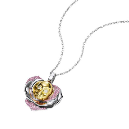 Jzora Handmade Pink Round Skull Rose Sterling Silver Diamond Necklace