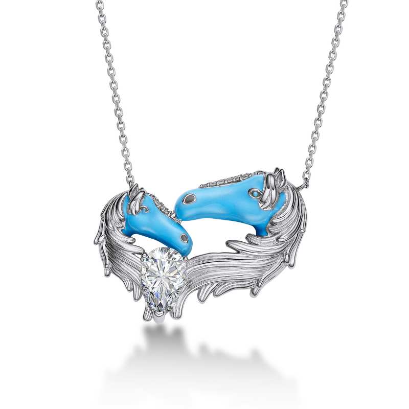 Jzora Handmade Heart Double Horse Sterling Silver Diamond Necklace