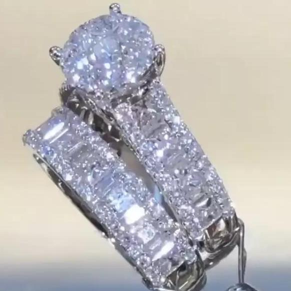 Jzora handmade created 3ct round diamond sterling silver wedding set
