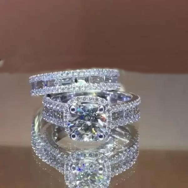 Jzora 3ct round cut created diamond sterling silver wedding set