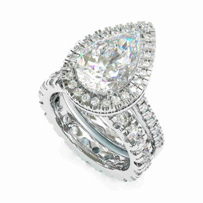 Jzora handmade created diamond pear cut halo sterling silver wedding bridal set