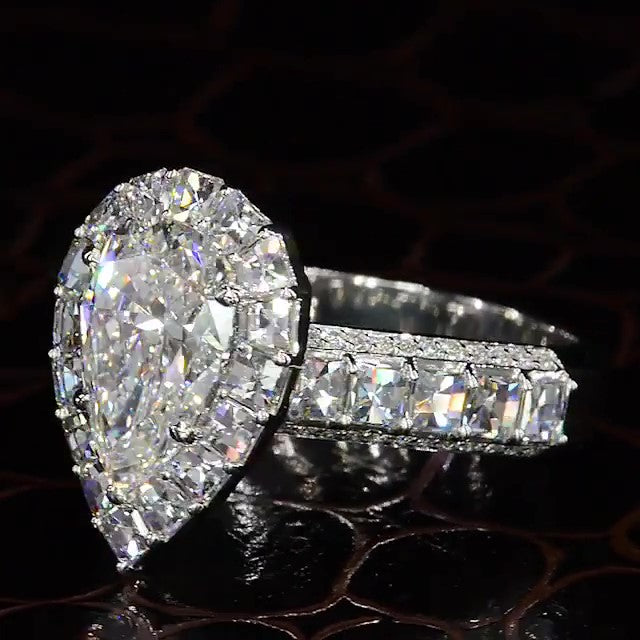 Jzora handmade vintage pear shaped halo diamond sterling silver engagement ring