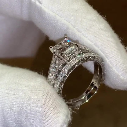 Jzora handmade princess cut 2 pcs diamond  sterling silver bridal wedding ring set