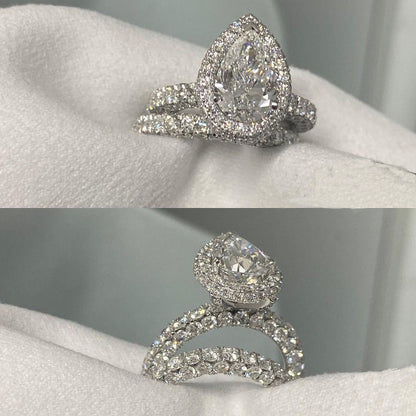 Jzora handmade pear cut created diamond wedding ring sterling silver bridal set