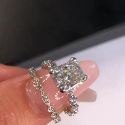 Jzora handmade radiant cut created diamond wedding ring sterling silver bridal set