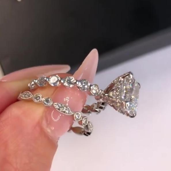 Jzora handmade radiant cut created diamond wedding ring sterling silver bridal set