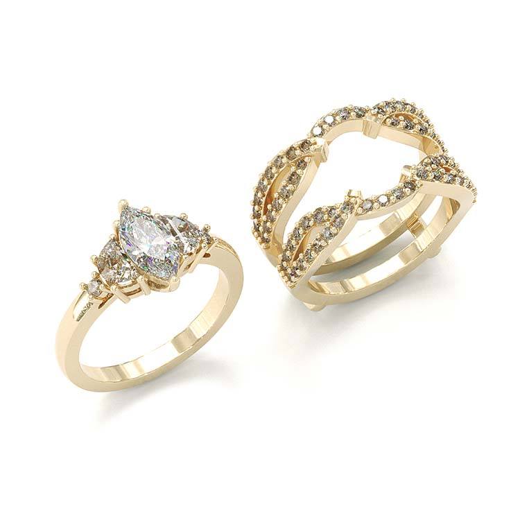 Jzora handmade 1 ct gold marquise cut 2 pieces vintage sterling silver bridal ring set