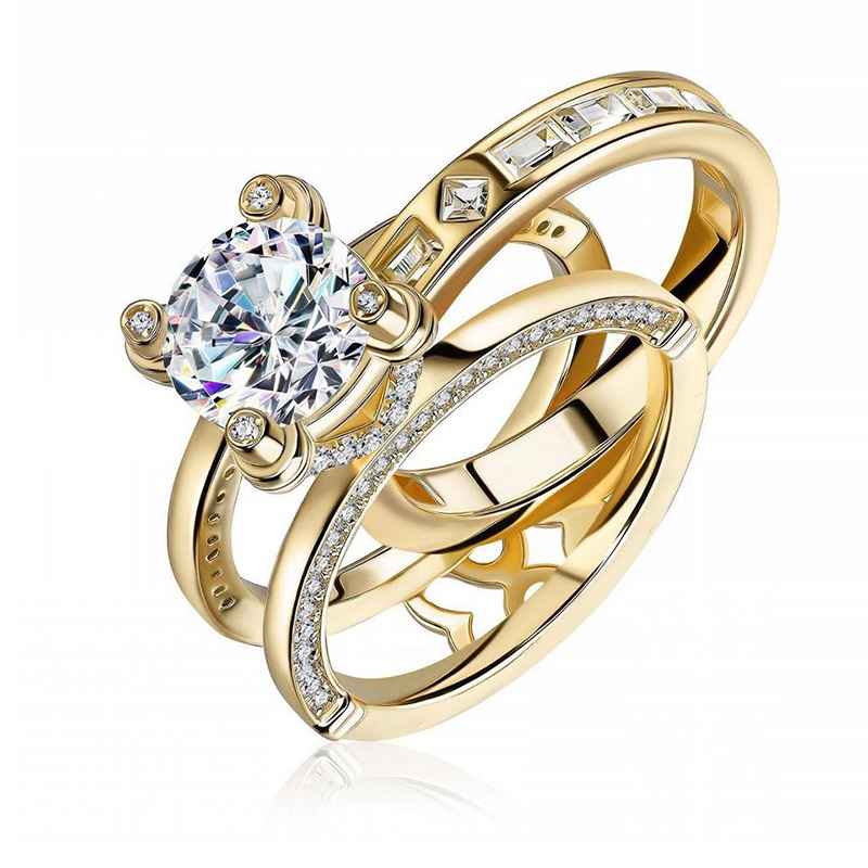 Jzora handmade gold round cut vintage 2 pcs sterling silver bridal ring set