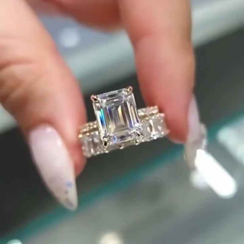 Jzora handmade gold emerald cut vintage sterling silver wedding ring set