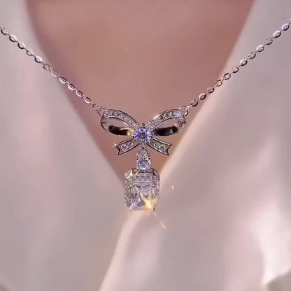 Jzora handmade radiant bow fashion diamond sterling silver necklace