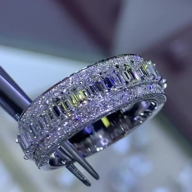 Jzora Handmade Emerald Cut Sterling Silver Eternity Women's Band Wedding Ring