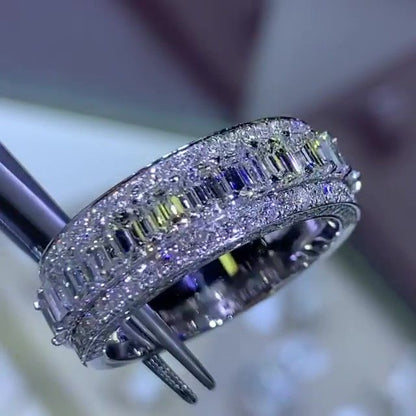 Jzora Handmade Emerald Cut Sterling Silver Eternity Women's Band Wedding Ring