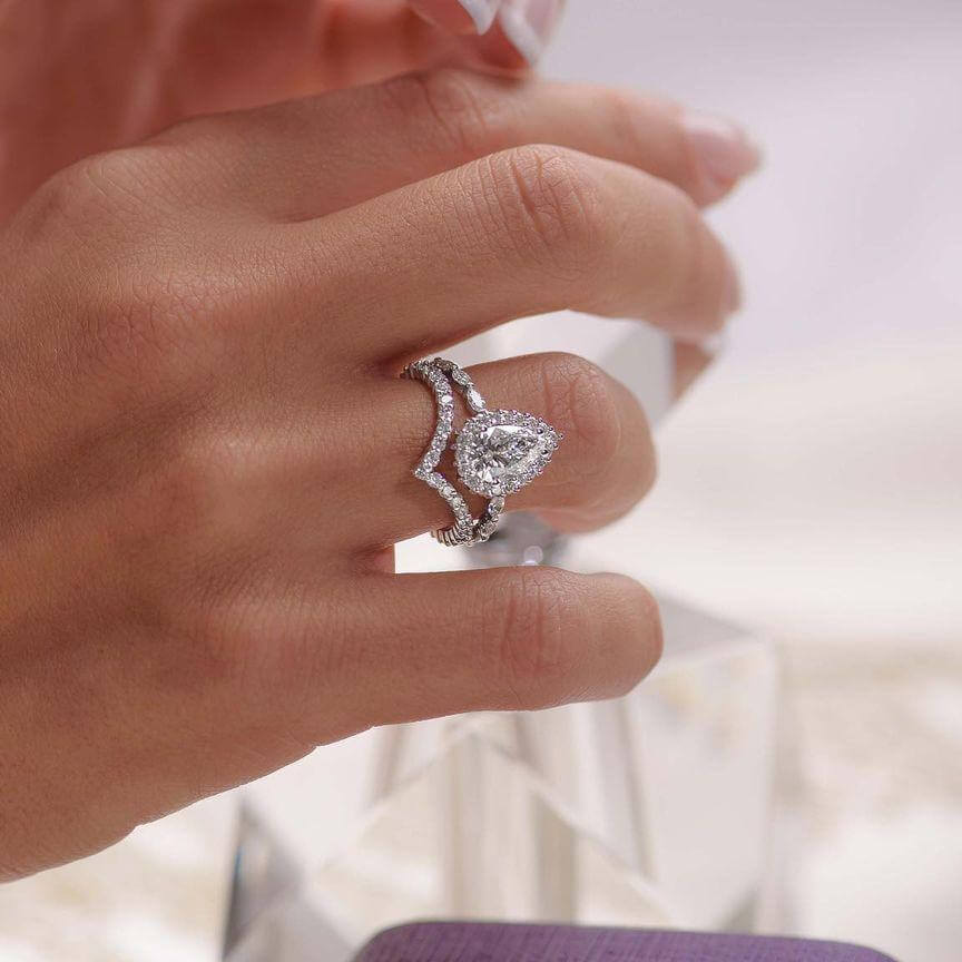 Jzora handmade created diamond halo pear cut sterling silver bridal set