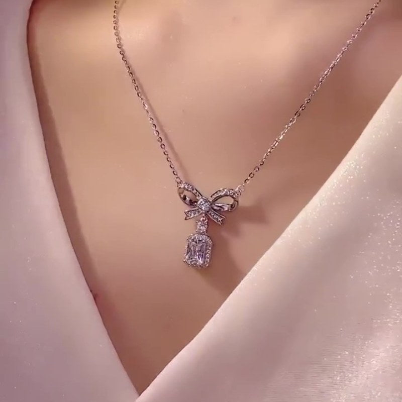 Jzora handmade radiant bow fashion diamond sterling silver necklace