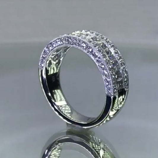 Jzora handmade 1ct round&princess cut eternity sterling silver wedding band
