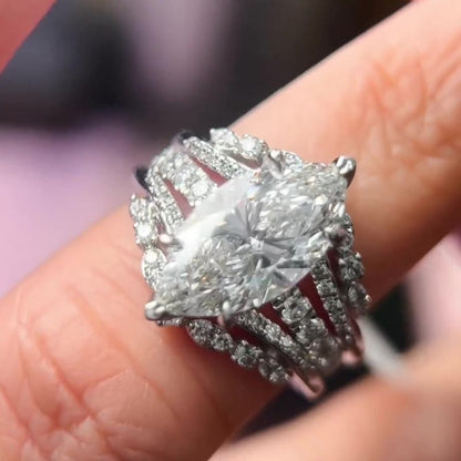 Jzora Vintage 3 CT Marquise Cut Created 2 PCS Diamond Sterling Silver Bridal Set Wedding Ring