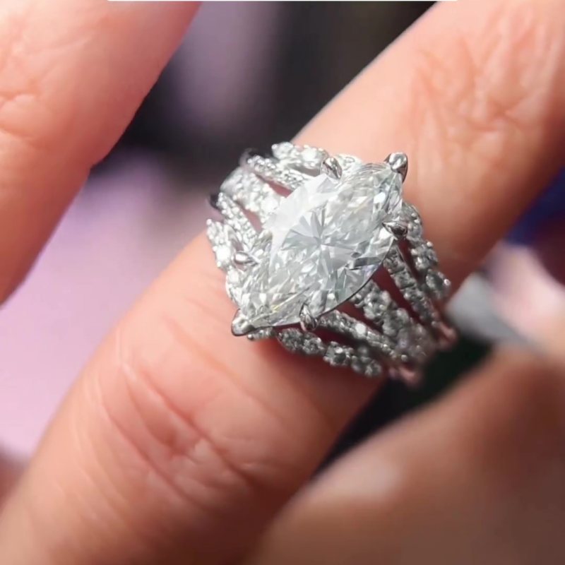 Jzora Vintage 3 CT Marquise Cut Created 2 PCS Diamond Sterling Silver Bridal Set Wedding Ring