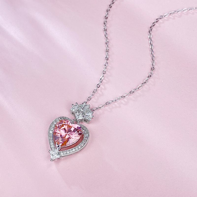 Jzora handmade Heart Pink Necklace sterling silver diamond necklace