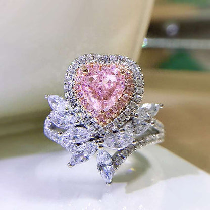 Jzora handmade pink love flower heart cut created diamond sterling silver wedding ring