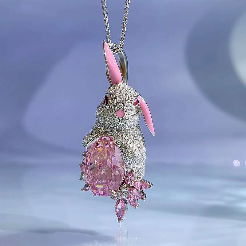 Jzora handmade pink oval cut bunny sterling silver diamond necklace