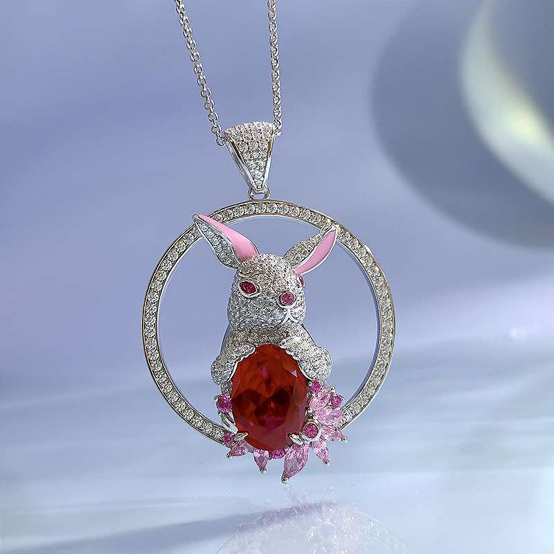 Jzora handmade red oval cut bunny sterling silver diamond necklace
