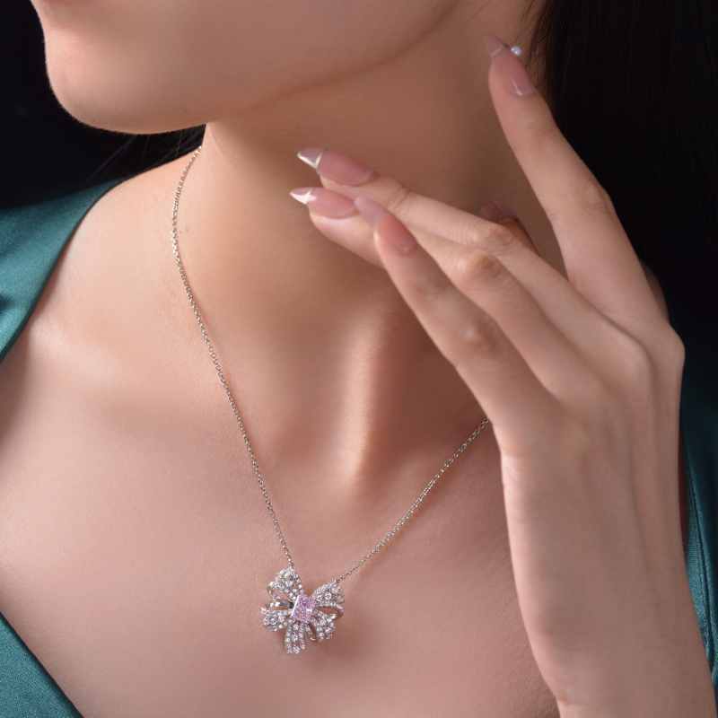 Jzora handmade pink radiant bow sterling silver diamond necklace