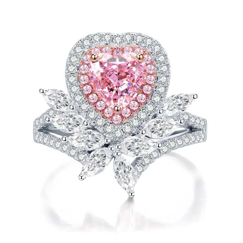 Jzora handmade pink love flower heart cut created diamond sterling silver wedding ring