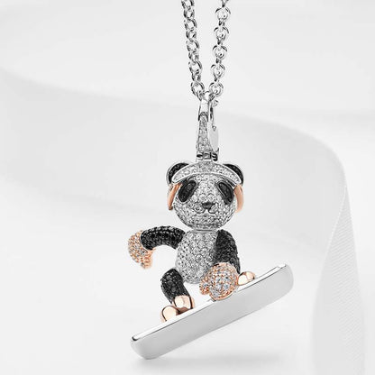 Jzora handmade skateboard bear sterling silver diamond hipster necklace