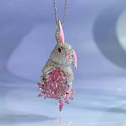 Jzora handmade pink oval cut bunny sterling silver diamond necklace