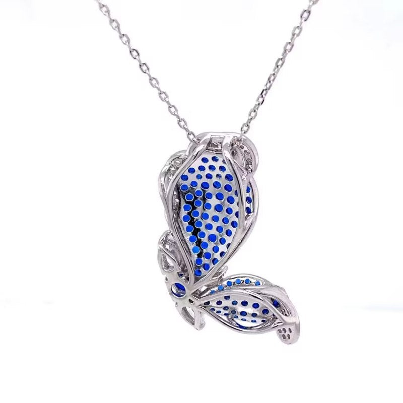 Jzora Handmade Burma Blue Round Cut Butterfly Sterling Silver Necklace