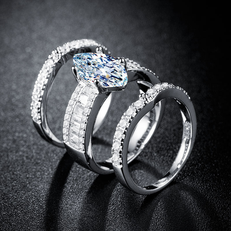 Jzora vintage marquise cut handmade created diamond  sterling silver bridal set wedding ring