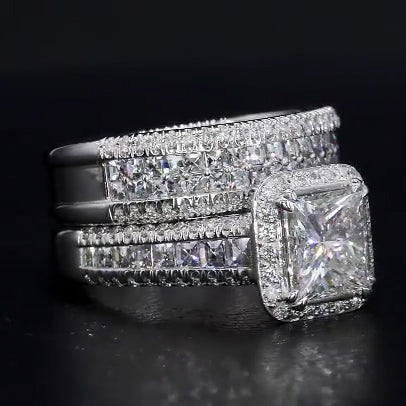 Jzora handmade vintage princess cut halo created diamond sterling silver bridal set