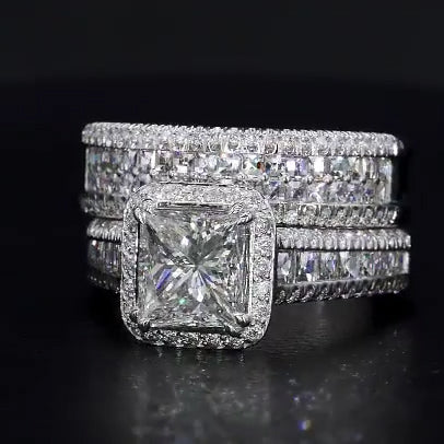 Jzora handmade vintage princess cut halo created diamond sterling silver bridal set