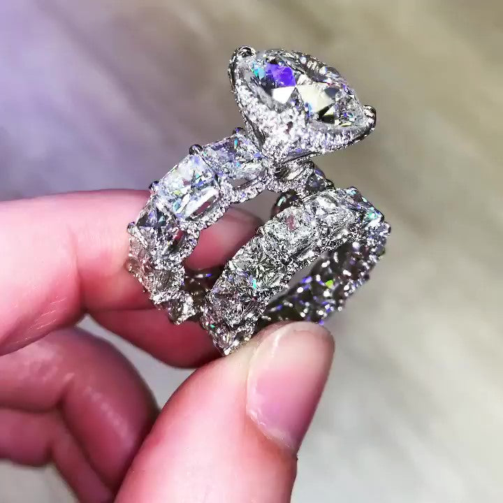 Jzora round cut  vintage sterling silver created diamond bridal set