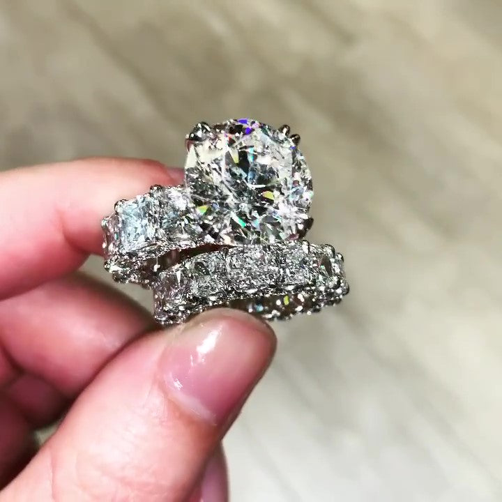Jzora round cut  vintage sterling silver created diamond bridal set