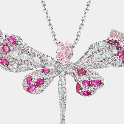 Jzora handmade pink dragonfly oval cut vintage sterling silver necklace