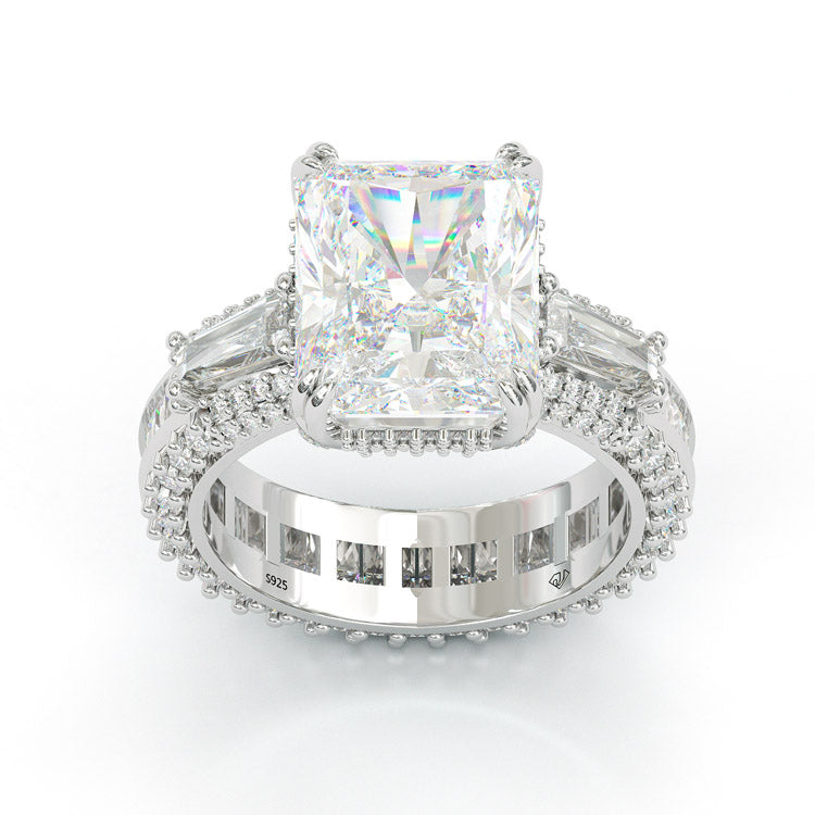Jzora handmade radiant cut  three stone diamond sterling silver engagement ring