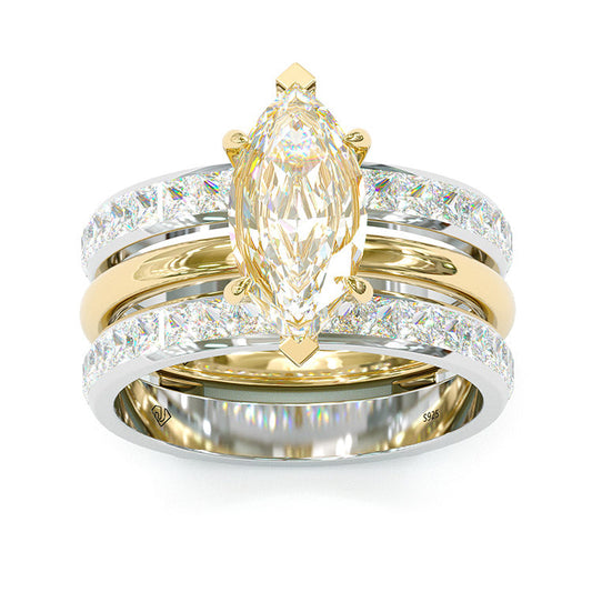 Jzora handmade marquise cut two tone anniversary ring wedding ring silver bridal set