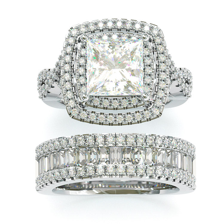 Jzora handmade created diamond princess cut halo sterling silver wedding ring bridal set