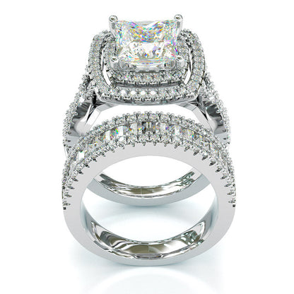 Jzora handmade created diamond princess cut halo sterling silver wedding ring bridal set