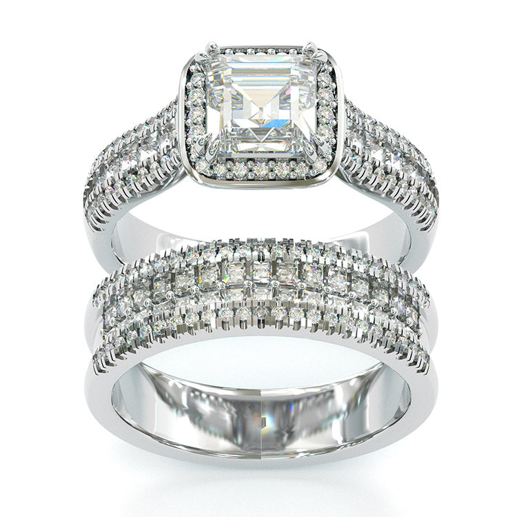 Jzora handmade vintage princess cut halo created diamond  sterling silver wedding ring bridal set