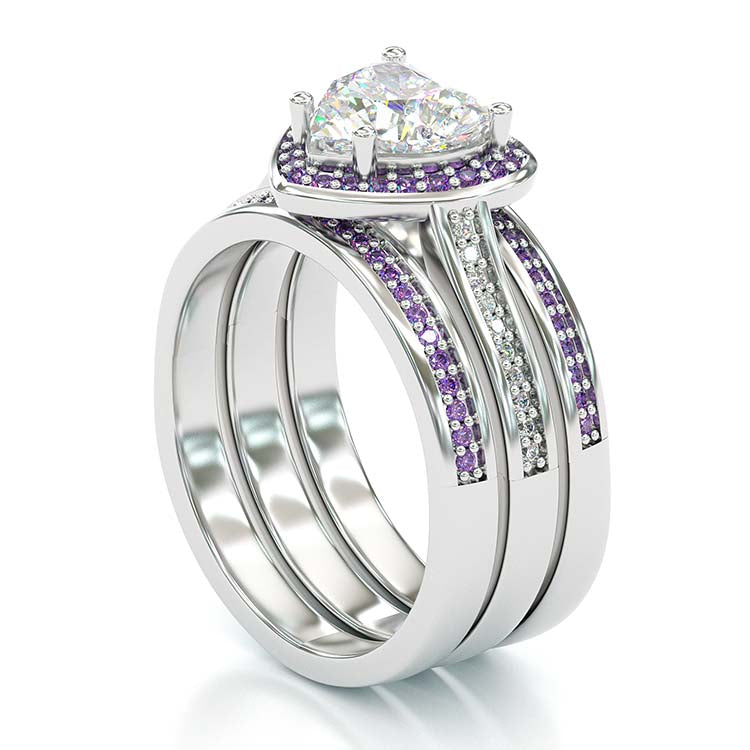 Jzora Vintage Heart Cut Amethyse Halo Handmade Created Diamond  Sterling Silver Engagement Ring Wedding Ring