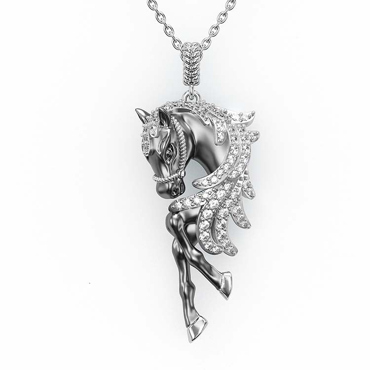 Jzora Handmade Classic Horse Sterling Silver Diamond Necklace