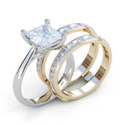 Jzora princess cut 2 pcs sterling silver two tone wedding ring bridal set