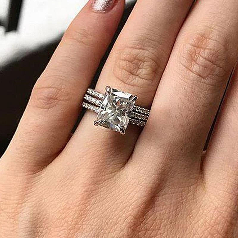 Jzora handmade radiant cut created diamond sterling silver engagement ring wedding ring